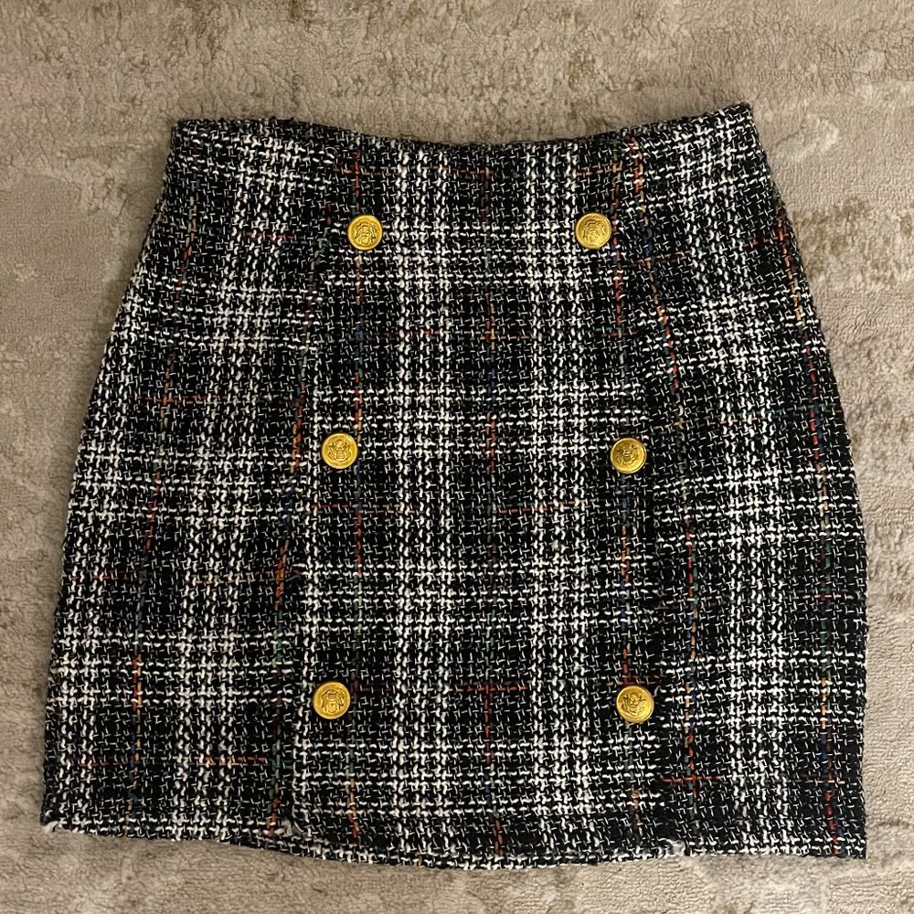 Black Tweed Button Detail Mini Skirt